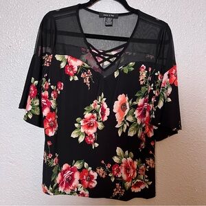 Black Top with Red and Pink Floral Design